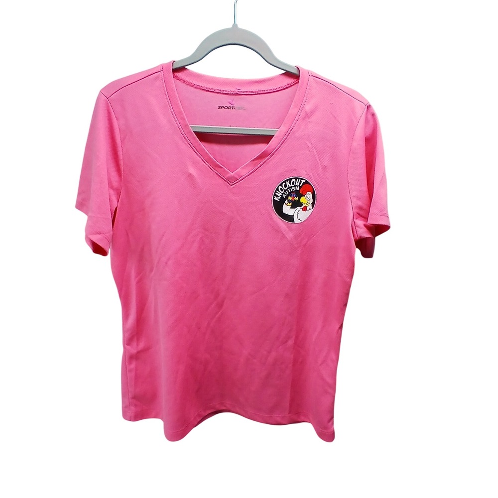 Sport-Tek Performance Tee Large Pink Knockout Autism Awareness‎ V-Neck Shirt